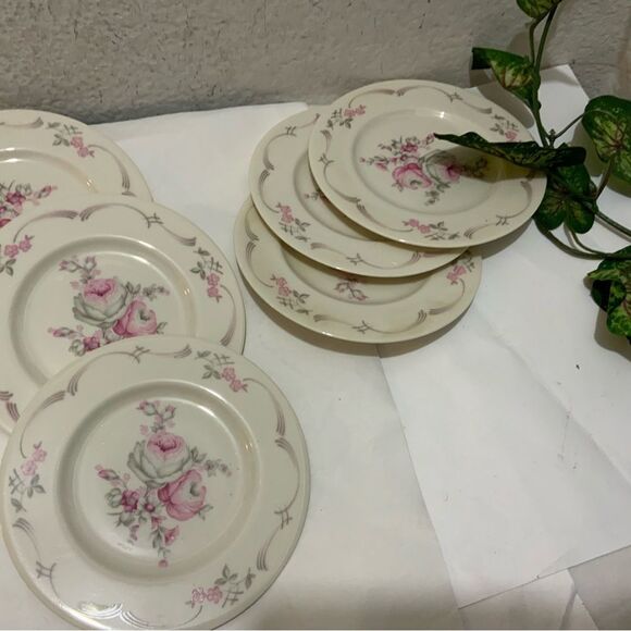 Set 6 Castleton BELROSE 6 1/8” plates Pink Gray Ivory Roses Floral USA G15 - Picture 3 of 10